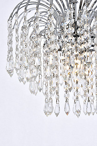 Bring the dazzling light of a cascading fountain into your home with a Falls hanging pendant. Overarching filaments of gold or chrome, resembling the shooting stream of a fountain, gradually transition into flowing strands of clear crystal octagons and prisms, simulating the movement of tumbling water. Descending tiers of crystals, in a variety of trims, refract the gleam of the frame and reinforce the feeling of a luminescent downpour that tapers into trickles of sparkling crystals. The Falls collection creates a soothing, calming ambiance anywhere these fixtures are placed. It is also an excellent way to complement a lanai or conservatory with a water fountain or greenery.Overarching chrome filaments create the distinctive look of cascading water | Tiers of royal-cut clear crystals refract the gleaming frame | This pendant lamp features a diameter of 14 inches, a height of 12 inches, and 3 candelabra bulbs | comes with a 60 inch long hanging chain