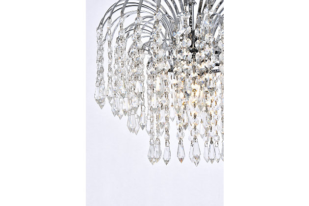 Bring the dazzling light of a cascading fountain into your home with a Falls hanging pendant. Overarching filaments of gold or chrome, resembling the shooting stream of a fountain, gradually transition into flowing strands of clear crystal octagons and prisms, simulating the movement of tumbling water. Descending tiers of crystals, in a variety of trims, refract the gleam of the frame and reinforce the feeling of a luminescent downpour that tapers into trickles of sparkling crystals. The Falls collection creates a soothing, calming ambiance anywhere these fixtures are placed. It is also an excellent way to complement a lanai or conservatory with a water fountain or greenery.Overarching chrome filaments create the distinctive look of cascading water | Tiers of royal-cut clear crystals refract the gleaming frame | This pendant lamp features a diameter of 14 inches, a height of 12 inches, and 3 candelabra bulbs | comes with a 60 inch long hanging chain