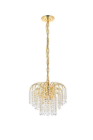 Bring the dazzling light of a cascading fountain into your home with a Falls hanging pendant. Overarching filaments of gold or chrome, resembling the shooting stream of a fountain, gradually transition into flowing strands of clear crystal octagons and prisms, simulating the movement of tumbling water. Descending tiers of crystals, in a variety of trims, refract the gleam of the frame and reinforce the feeling of a luminescent downpour that tapers into trickles of sparkling crystals. The Falls collection creates a soothing, calming ambiance anywhere these fixtures are placed. It is also an excellent way to complement a lanai or conservatory with a water fountain or greenery.Overarching gold filaments create the distinctive look of cascading water | Tiers of royal-cut clear crystals refract the gleaming frame | This pendant lamp features a diameter of 14 inches, a height of 12 inches, and 3 candelabra bulbs | comes with a 60 inch long hanging chain