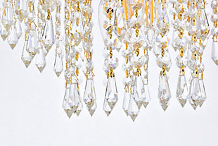 Bring the dazzling light of a cascading fountain into your home with a Falls hanging pendant. Overarching filaments of gold or chrome, resembling the shooting stream of a fountain, gradually transition into flowing strands of clear crystal octagons and prisms, simulating the movement of tumbling water. Descending tiers of crystals, in a variety of trims, refract the gleam of the frame and reinforce the feeling of a luminescent downpour that tapers into trickles of sparkling crystals. The Falls collection creates a soothing, calming ambiance anywhere these fixtures are placed. It is also an excellent way to complement a lanai or conservatory with a water fountain or greenery.Overarching gold filaments create the distinctive look of cascading water | Tiers of royal-cut clear crystals refract the gleaming frame | This pendant lamp features a diameter of 14 inches, a height of 12 inches, and 3 candelabra bulbs | comes with a 60 inch long hanging chain