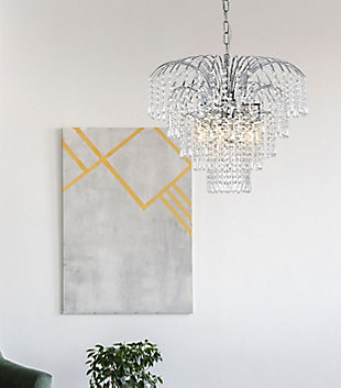 Bring the dazzling light of a cascading fountain into your home with a Falls hanging pendant. Overarching filaments of gold or chrome, resembling the shooting stream of a fountain, gradually transition into flowing strands of clear crystal octagons and prisms, simulating the movement of tumbling water. Descending tiers of crystals, in a variety of trims, refract the gleam of the frame and reinforce the feeling of a luminescent downpour that tapers into trickles of sparkling crystals. The Falls collection creates a soothing, calming ambiance anywhere these fixtures are placed. It is also an excellent way to complement a lanai or conservatory with a water fountain or greenery.Overarching chrome filaments create the distinctive look of cascading water | Tiers of royal-cut clear crystals refract the gleaming frame | This pendant lamp features a diameter of 21 inches, a height of 18 inches, and 6 candelabra bulbs | comes with a 60 inch long hanging chain