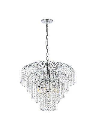Bring the dazzling light of a cascading fountain into your home with a Falls hanging pendant. Overarching filaments of gold or chrome, resembling the shooting stream of a fountain, gradually transition into flowing strands of clear crystal octagons and prisms, simulating the movement of tumbling water. Descending tiers of crystals, in a variety of trims, refract the gleam of the frame and reinforce the feeling of a luminescent downpour that tapers into trickles of sparkling crystals. The Falls collection creates a soothing, calming ambiance anywhere these fixtures are placed. It is also an excellent way to complement a lanai or conservatory with a water fountain or greenery.Overarching chrome filaments create the distinctive look of cascading water | Tiers of royal-cut clear crystals refract the gleaming frame | This pendant lamp features a diameter of 21 inches, a height of 18 inches, and 6 candelabra bulbs | comes with a 60 inch long hanging chain