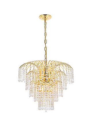 Bring the dazzling light of a cascading fountain into your home with a Falls hanging pendant. Overarching filaments of gold or chrome, resembling the shooting stream of a fountain, gradually transition into flowing strands of clear crystal octagons and prisms, simulating the movement of tumbling water. Descending tiers of crystals, in a variety of trims, refract the gleam of the frame and reinforce the feeling of a luminescent downpour that tapers into trickles of sparkling crystals. The Falls collection creates a soothing, calming ambiance anywhere these fixtures are placed. It is also an excellent way to complement a lanai or conservatory with a water fountain or greenery.Overarching gold filaments create the distinctive look of cascading water | Tiers of royal-cut clear crystals refract the gleaming frame | This pendant lamp features a diameter of 21 inches, a height of 18 inches, and 6 candelabra bulbs | comes with a 60 inch long hanging chain