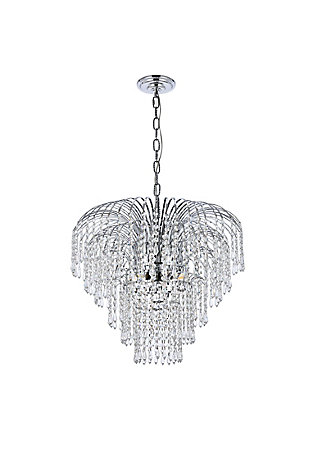 Bring the dazzling light of a cascading fountain into your home with a Falls hanging pendant. Overarching filaments of gold or chrome, resembling the shooting stream of a fountain, gradually transition into flowing strands of clear crystal octagons and prisms, simulating the movement of tumbling water. Descending tiers of crystals, in a variety of trims, refract the gleam of the frame and reinforce the feeling of a luminescent downpour that tapers into trickles of sparkling crystals. The Falls collection creates a soothing, calming ambiance anywhere these fixtures are placed. It is also an excellent way to complement a lanai or conservatory with a water fountain or greenery.Overarching chrome filaments create the distinctive look of cascading water | Tiers of royal-cut clear crystals refract the gleaming frame | This pendant lamp features a diameter of 25 inches, a height of 20 inches, and 6 candelabra bulbs | comes with a 60 inch long hanging chain