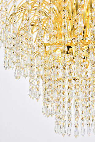 Bring the dazzling light of a cascading fountain into your home with a Falls hanging pendant. Overarching filaments of gold or chrome, resembling the shooting stream of a fountain, gradually transition into flowing strands of clear crystal octagons and prisms, simulating the movement of tumbling water. Descending tiers of crystals, in a variety of trims, refract the gleam of the frame and reinforce the feeling of a luminescent downpour that tapers into trickles of sparkling crystals. The Falls collection creates a soothing, calming ambiance anywhere these fixtures are placed. It is also an excellent way to complement a lanai or conservatory with a water fountain or greenery.Overarching gold filaments create the distinctive look of cascading water | Tiers of royal-cut clear crystals refract the gleaming frame | This pendant lamp features a diameter of 25 inches, a height of 20 inches, and 6 candelabra bulbs | comes with a 60 inch long hanging chain