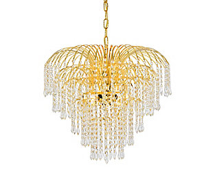 Bring the dazzling light of a cascading fountain into your home with a Falls hanging pendant. Overarching filaments of gold or chrome, resembling the shooting stream of a fountain, gradually transition into flowing strands of clear crystal octagons and prisms, simulating the movement of tumbling water. Descending tiers of crystals, in a variety of trims, refract the gleam of the frame and reinforce the feeling of a luminescent downpour that tapers into trickles of sparkling crystals. The Falls collection creates a soothing, calming ambiance anywhere these fixtures are placed. It is also an excellent way to complement a lanai or conservatory with a water fountain or greenery.Overarching gold filaments create the distinctive look of cascading water | Tiers of royal-cut clear crystals refract the gleaming frame | This pendant lamp features a diameter of 25 inches, a height of 20 inches, and 6 candelabra bulbs | comes with a 60 inch long hanging chain