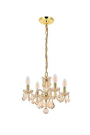 The 7804 Rococo collection was inspired by the lavish elegance of 18th century France, known for its graceful curves and light colors. The steel frame, available in an array of finishes, is highlighted by curved glass arms, a glass vase, and glass holders for the candelabra bulbs. Dangling from the delicately etched glass plates on three levels are royal-cut octagon and pendeloque crystals. It all comes together with a faceted glass sphere at the bottom. Optional shades of acrylic and organza add coziness to the glam. Petite in size yet grand in appearance, Rococo hanging pendants are perfect for enhancing the décor of smaller areas in your home.Steel frame with golden-teak finish is highlighted by curved glass arms, a glass vase, and glass holders for the 4 candelabra bulbs | Golden-teak (smoky) royal-cut octagon and pendeloque crystals dangle from three levels of delicately etched glass plates | Diameter of 15 inches, height of 12 inches | comes with a 60 inch long hanging chain