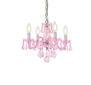 The 7804 Rococo collection was inspired by the lavish elegance of 18th century France, known for its graceful curves and light colors. The steel frame, available in an array of finishes, is highlighted by curved glass arms, a glass vase, and glass holders for the candelabra bulbs. Dangling from the delicately etched glass plates on three levels are royal-cut octagon and pendeloque crystals. It all comes together with a faceted glass sphere at the bottom. Optional shades of acrylic and organza add coziness to the glam. Petite in size yet grand in appearance, Rococo hanging pendants are perfect for enhancing the décor of smaller areas in your home.Steel frame with pink finish is highlighted by curved glass arms, a glass vase, and glass holders for the 4 candelabra bulbs | Rosaline (pink) royal-cut octagon and pendeloque crystals dangle from three levels of delicately etched glass plates | Diameter of 15 inches, height of 12 inches | comes with a 60 inch long hanging chain