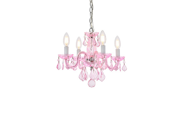 The 7804 Rococo collection was inspired by the lavish elegance of 18th century France, known for its graceful curves and light colors. The steel frame, available in an array of finishes, is highlighted by curved glass arms, a glass vase, and glass holders for the candelabra bulbs. Dangling from the delicately etched glass plates on three levels are royal-cut octagon and pendeloque crystals. It all comes together with a faceted glass sphere at the bottom. Optional shades of acrylic and organza add coziness to the glam. Petite in size yet grand in appearance, Rococo hanging pendants are perfect for enhancing the décor of smaller areas in your home.Steel frame with pink finish is highlighted by curved glass arms, a glass vase, and glass holders for the 4 candelabra bulbs | Rosaline (pink) royal-cut octagon and pendeloque crystals dangle from three levels of delicately etched glass plates | Diameter of 15 inches, height of 12 inches | comes with a 60 inch long hanging chain