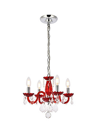 The 7804 Rococo collection was inspired by the lavish elegance of 18th century France, known for its graceful curves and light colors. The steel frame, available in an array of finishes, is highlighted by curved glass arms, a glass vase, and glass holders for the candelabra bulbs. Dangling from the delicately etched glass plates on three levels are royal-cut octagon and pendeloque crystals. It all comes together with a faceted glass sphere at the bottom. Optional shades of acrylic and organza add coziness to the glam. Petite in size yet grand in appearance, Rococo hanging pendants are perfect for enhancing the décor of smaller areas in your home.Steel frame with red finish is highlighted by curved glass arms, a glass vase, and glass holders for the 4 candelabra bulbs | Bordeaux (red) royal-cut octagon and pendeloque crystals dangle from three levels of delicately etched glass plates | Diameter of 15 inches, height of 12 inches | comes with a 60 inch long hanging chain
