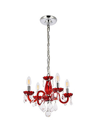 The 7804 Rococo collection was inspired by the lavish elegance of 18th century France, known for its graceful curves and light colors. The steel frame, available in an array of finishes, is highlighted by curved glass arms, a glass vase, and glass holders for the candelabra bulbs. Dangling from the delicately etched glass plates on three levels are royal-cut octagon and pendeloque crystals. It all comes together with a faceted glass sphere at the bottom. Optional shades of acrylic and organza add coziness to the glam. Petite in size yet grand in appearance, Rococo hanging pendants are perfect for enhancing the décor of smaller areas in your home.Steel frame with red finish is highlighted by curved glass arms, a glass vase, and glass holders for the 4 candelabra bulbs | Bordeaux (red) royal-cut octagon and pendeloque crystals dangle from three levels of delicately etched glass plates | Diameter of 15 inches, height of 12 inches | comes with a 60 inch long hanging chain