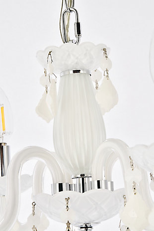 The 7804 Rococo collection was inspired by the lavish elegance of 18th century France, known for its graceful curves and light colors. The steel frame, available in an array of finishes, is highlighted by curved glass arms, a glass vase, and glass holders for the candelabra bulbs. Dangling from the delicately etched glass plates on three levels are royal-cut octagon and pendeloque crystals. It all comes together with a faceted glass sphere at the bottom. Optional shades of acrylic and organza add coziness to the glam. Petite in size yet grand in appearance, Rococo hanging pendants are perfect for enhancing the décor of smaller areas in your home.Steel frame with white finish is highlighted by curved glass arms, a glass vase, and glass holders for the 4 candelabra bulbs | white royal-cut octagon and pendeloque crystals dangle from three levels of delicately etched glass plates | Diameter of 15 inches, height of 12 inches | comes with a 60 inch long hanging chain