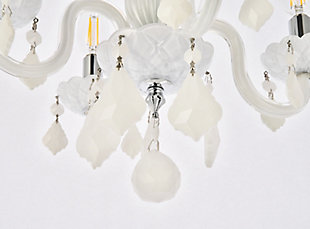 The 7804 Rococo collection was inspired by the lavish elegance of 18th century France, known for its graceful curves and light colors. The steel frame, available in an array of finishes, is highlighted by curved glass arms, a glass vase, and glass holders for the candelabra bulbs. Dangling from the delicately etched glass plates on three levels are royal-cut octagon and pendeloque crystals. It all comes together with a faceted glass sphere at the bottom. Optional shades of acrylic and organza add coziness to the glam. Petite in size yet grand in appearance, Rococo hanging pendants are perfect for enhancing the décor of smaller areas in your home.Steel frame with white finish is highlighted by curved glass arms, a glass vase, and glass holders for the 4 candelabra bulbs | white royal-cut octagon and pendeloque crystals dangle from three levels of delicately etched glass plates | Diameter of 15 inches, height of 12 inches | comes with a 60 inch long hanging chain