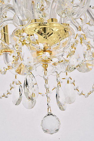 Create a signature hanging fixture in your home through the wondrous options offered in the Princeton collection. The chrome frames are highlighted with a rainbow of finishes coloring the etched-glass center column and bobéches, as well as the graceful glass-covered arms. Select from red, purple,  white, black, or clear. Dangling from the delicate bobéches and curved arms are drop crystals in complementary colors of red, black,  white, or clear. You can also choose a gold frame with golden-teak or clear crystals. Beneath the four to eight candelabra lights (not included) are draped strands of octagon crystals, with a single crystal ball finishing off this elegant showpiece. The Princeton collection encourages you to use your imagination to customize a chandelier or pendant lamp that reflects your decorating style in your living room, dining room, bedroom, bathroom, or foyer.Room use: Dining room; Living room; Bedroom; Bathroom; Entry Way; Closet | Diameter of 20 inches; minimum hanging height of 26 inches, maximum hanging height of 80 inches. | Warm, brilliant light is created by 8 light bulbs. (not included) | comes with a 60 inch long hanging chain