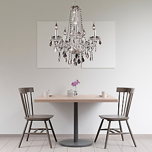 A perfect blend of elegant style and practical functionality, these fixtures in the Verona collection allow you to create an ambiance of grandeur in a relatively cozy space. The intricate cut-crystal center columns support five undulating arms that culminate in bright candelabra lights (not included) on crystal bobéches. The chandeliers also feature beautiful ornamentation which combines crystal beads, balls, rings, and pendeloques. Available with a variety of finishes and many different types of crystal.Room use: Dining room; Living room; Bedroom; Bathroom; Entry Way; Closet | Diameter of 21 inches; minimum hanging height of 32 inches, maximum hanging height of 86 inches. | Warm, brilliant light is created by 5 light bulbs. (not included) | comes with a 60 inch long hanging chain