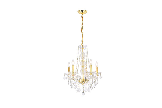 A perfect blend of elegant style and practical functionality, these fixtures in the Verona collection allow you to create an ambiance of grandeur in a relatively cozy space. The intricate cut-crystal center columns support five undulating arms that culminate in bright candelabra lights (not included) on crystal bobéches. The chandeliers also feature beautiful ornamentation which combines crystal beads, balls, rings, and pendeloques. Available with a variety of finishes and many different types of crystal.Room use: Dining room; Living room; Bedroom; Bathroom; Entry Way; Closet | Diameter of 21 inches; minimum hanging height of 32 inches, maximum hanging height of 86 inches. | Warm, brilliant light is created by 5 light bulbs. (not included) | comes with a 60 inch long hanging chain