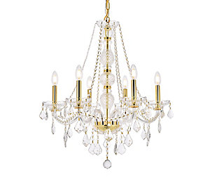 A luxurious chandelier from the Verona collection can instantly define your sophisticated style and classic taste. Six graceful arms supporting candelabra lights (not included) on crystal bobéches converge at the base of a magnificent cut-crystal center column, which is draped with strands of crystal beads. Other adornments include gorgeous crystal droplets, rings, and pendeloques. Available with a choice of finishes and types of crystal.Room use: Dining room; Living room; Bedroom; Bathroom; Entry Way; Closet | Diameter of 24 inches; minimum hanging height of 34 inches, maximum hanging height of 88 inches. | Warm, brilliant light is created by 6 light bulbs. (not included) | comes with a 60 inch long hanging chain