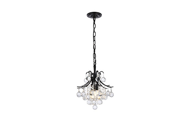 A treasure trove of glittering crystals, Toureg collection pendant lamps are generous with their sparkle. Stately curved steel arms and frame form an opulent flared shape available in black, chrome or gold finishes. Faceted clear crystal balls and crystal octagons offer a variety of options to choose from. Certain to be the center of attention in the dining room, living room, bedroom, or stairwell. Warm, brilliant light is created by 3 light bulbs. (not included) | Flared shape and curved steel arms, frame, and chain in a black finish  | minimum hanging height of 22 inch and maximum hanging height of 75 inch | contrasting matte black frame finish complements the brilliant clear crystals | canopy size is 5.3 inch wide and 1.2 inch high | These exquisite gems will enrich the ambiance of any room, especially a kitchen, entryway, living room, or bathroom. | lighting is compatiable with LED bulbs and is dimmable; bulbs are not included
