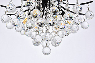 A treasure trove of glittering crystals, Toureg collection pendant lamps are generous with their sparkle. Stately curved steel arms and frame form an opulent flared shape available in black, chrome or gold finishes. Faceted clear crystal balls and crystal octagons offer a variety of options to choose from. Certain to be the center of attention in the dining room, living room, bedroom, or stairwell. Warm, brilliant light is created by 6 E12 light bulbs. (not included) | Flared shape and curved steel arms, frame, and chain in a black finish  | minimum hanging height of 24 inch and maximum hanging height of 78 inch | contrasting matte black frame finish complements the brilliant clear crystals | canopy size is 5.3 inch wide and 1.2 inch high | These exquisite gems will enrich the ambiance of any room, especially a kitchen, entryway, living room, or bathroom. | lighting is compatiable with LED bulbs and is dimmable; bulbs are not included