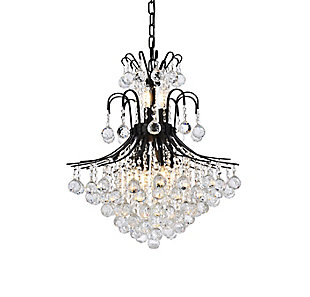 A treasure trove of glittering crystals, Toureg collection pendant lamps are generous with their sparkle. Stately curved steel arms and frame form an opulent flared shape available in black, chrome or gold finishes. Faceted clear crystal balls and crystal octagons offer a variety of options to choose from. Certain to be the center of attention in the dining room, living room, bedroom, or stairwell. Warm, brilliant light is created by 11 E12 light bulbs. (not included) | assembly is required | minimum hanging height of 32 inch and maximum hanging height of 86 inch | contrasting matte black frame finish complements the brilliant clear crystals | canopy size is 5.3 inch wide and 1.2 inch high | These exquisite gems will enrich the ambiance of any room, especially a kitchen, entryway, living room, or bathroom. | lighting is compatiable with LED bulbs and is dimmable; bulbs are not included