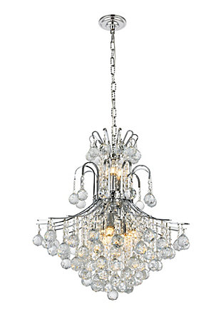 A treasure trove of glittering crystals, Toureg collection pendant lamps are generous with their sparkle. Stately curved steel arms and frame form an opulent flared shape available in chrome or gold finishes. Faceted clear crystal balls and crystal octagons offer a variety of options to choose from. Certain to be the center of attention in the dining room, living room, bedroom, or stairwell. Flared shape and curved steel arms, frame, and chain in a chrome finish  | Clear faceted crystal balls and royal-cut crystal octagons  | Lamp features a diameter of 22 inches, a height of 26 inches, and requires 11 candelabra bulbs  | comes with a 60 inch long hanging chain