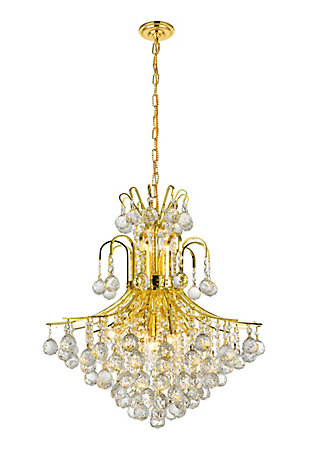 A treasure trove of glittering crystals, Toureg collection pendant lamps are generous with their sparkle. Stately curved steel arms and frame form an opulent flared shape available in chrome or gold finishes. Faceted clear crystal balls and crystal octagons offer a variety of options to choose from. Certain to be the center of attention in the dining room, living room, bedroom, or stairwell. Flared shape and curved steel arms, frame, and chain in a gold finish  | Clear faceted crystal balls and royal-cut crystal octagons  | Lamp features a diameter of 22 inches, a height of 26 inches, and requires 11 candelabra bulbs  | comes with a 60 inch long hanging chain