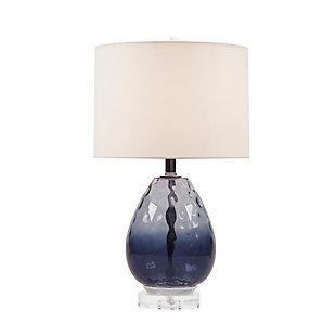 Beautifully designed, the Borel table lamp flaunts a gorgeous blue hue that adds a soft touch of color to your room. The cream-colored, drum-shaped lampshade tastefully accents the base while softly filtering the light to give off a warm glow. The shade also has the ability to tilt, allowing you to easily focus light where you need it. Eye-catching and unique, this table lamp offers a chic update to your space.Made of glass and crystal with drum fabric shade | Blue hue | Metal accents with plated silvertone finish | Tilting shade | On/off switch | 1 E26 socket; incandescent 60-watt or 13-watt bulb recommended (not included) | Power cord included; UL listed | 2-year warranty | Spot clean only | Assembly required