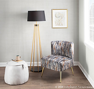 Opulent and confidently contemporary - that's the Canary Floor Lamp by LumiSource. Featuring captivating cage-like gold-tone metal sides, an elegant fabric drum shade, and a wood base, the Canary Floor Lamp is a bold touch of glamour for your living area. Available in a variety of shade color options, choose the color that fits your space best!Glam/contemporary styling | Fabric drum shade | Sleek gold frame finish | Wood base | In-line foot switch