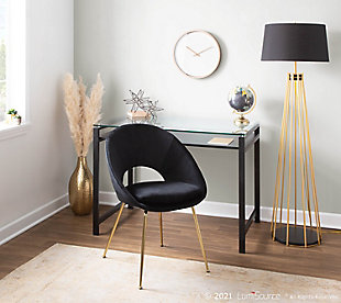 Opulent and confidently contemporary - that's the Canary Floor Lamp by LumiSource. Featuring captivating cage-like gold-tone metal sides, an elegant fabric drum shade, and a wood base, the Canary Floor Lamp is a bold touch of glamour for your living area. Available in a variety of shade color options, choose the color that fits your space best!Glam/contemporary styling | Fabric drum shade | Sleek gold frame finish | Wood base | In-line foot switch