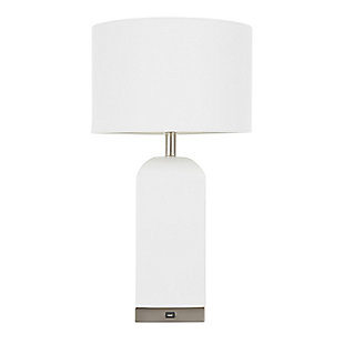 A versatile accent piece for your home, the Carmen Table Lamp by LumiSource is a color block beauty. Featuring a smooth ceramic base with a glossy finish, complemented by brass accents, and white linen drum shade. Available in a variety of color options, the Carmen Table Lamp is perfect for any contemporary living space.Contemporary styling | White fabric shade | Ceramic base | Stainless steel accents | Usb port