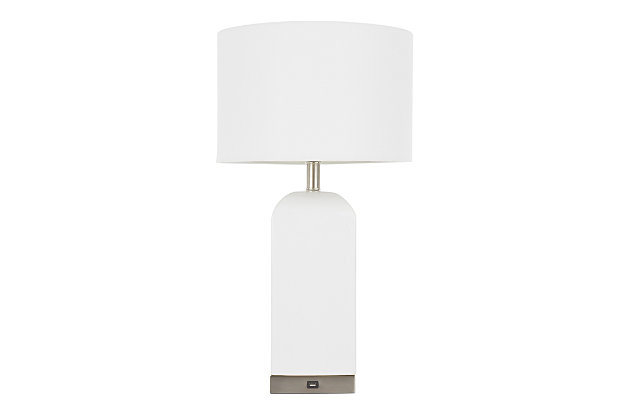 A versatile accent piece for your home, the Carmen Table Lamp by LumiSource is a color block beauty. Featuring a smooth ceramic base with a glossy finish, complemented by brass accents, and white linen drum shade. Available in a variety of color options, the Carmen Table Lamp is perfect for any contemporary living space.Contemporary styling | White fabric shade | Ceramic base | Stainless steel accents | Usb port