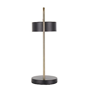 Lose any reason to procrastinate with the sleek design of the Puck Table Lamp. A round metal base holds up the thin, bent metal frame in a gold finish. Topping off this table lamp is a stylish round metal shade. Available in a variety of colors, choose the one that fits your space the best.Contemporary styling | Metal base | Rotating metal shade | In-line on/off switch | Requires one (1) 25w bulb