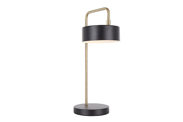 Lose any reason to procrastinate with the sleek design of the Puck Table Lamp. A round metal base holds up the thin, bent metal frame in a gold finish. Topping off this table lamp is a stylish round metal shade. Available in a variety of colors, choose the one that fits your space the best.Contemporary styling | Metal base | Rotating metal shade | In-line on/off switch | Requires one (1) 25w bulb