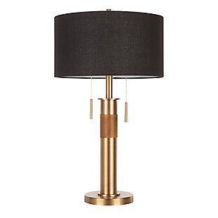 Bring light to your space with the industrial flair of the Trophy Table Lamp by LumiSource. This lamp gives off great ambient light through a fabric drum shade supported on a sturdy metal construction. With elegant pull chains and subtle textured metal accents, this lamp is perfect for that final touch of modern industrial charm.Industrial styling | Fabric drum shade | Two pull chains | Sturdy metal construction with textured metal accent | Available in a variety of colors