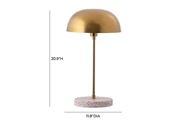 Light up any room with the beautiful and refined Emory Lamp. This charming table lamp boasts a gleaming brass shade crafted from iron that's complemented by a terrazzo finished concrete base.Handmade by skilled furniture craftsmen | Cord length: 79" | Switch type: On/Off | Max 6W LED | Type A bulb | UL and CUL Listed