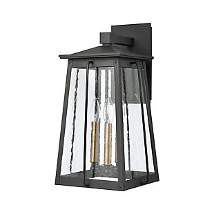 The Kirkdale 3-light outdoor sconce features solid aluminum contruction with a gently angled cage held by a die cast arm and cap.  Finished in Matte Black with Natural Brass accents and seedy glass.Rated for wet locations | 3 bulb capacity | 60 watts per bulb | Matte black & natural brass finish | Compatible with led bulb(s) | Hardwired light fixture | Cord length of 8 inches