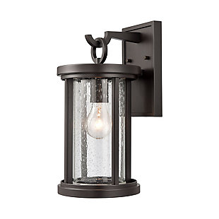 The Brison 1-light outdoor sconce updates the historic wall-hung lantern with an oversized die cast hook, clean crisp edges, and solid aluminum construction. Finished in Oil Rubbed Bronze with seedy glass.Rated for wet locations | 1 bulb capacity | 60 watts per bulb | Oil rubbed bronze finish | Compatible with led bulb(s) | Hardwired light fixture | Cord length of 8 inches