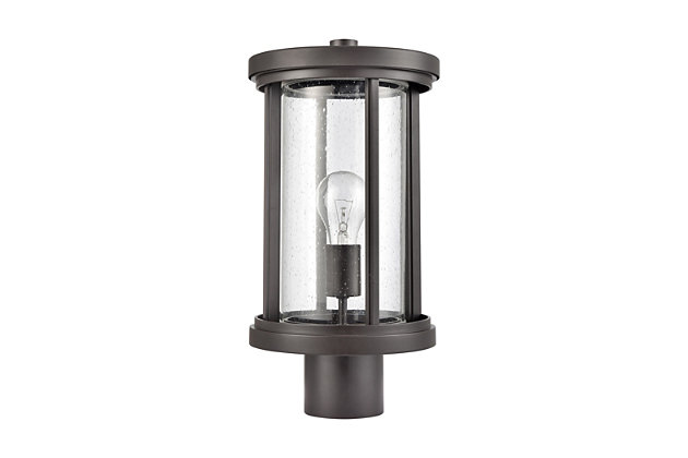 The Brison 1-light outdoor post mount updates the historic lantern with clean, crisp edges and solid aluminum construction. Finished in Oil Rubbed Bronze with seedy glass.Rated for wet locations | 1 bulb capacity | 60 watts per bulb | Oil rubbed bronze finish | Compatible with led bulb(s) | Hardwired light fixture | Cord length of 8 inches
