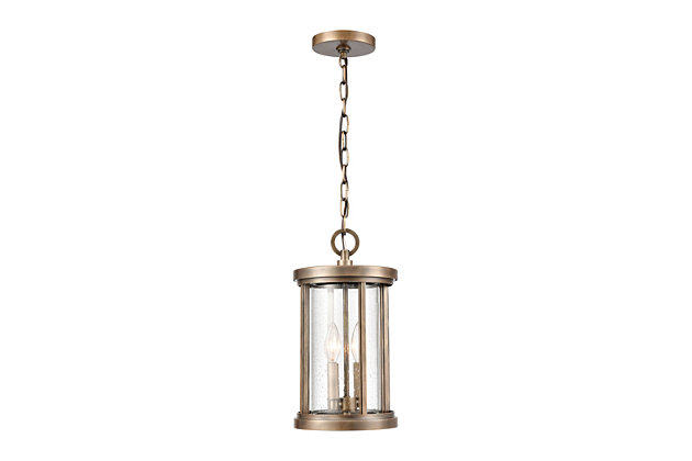 The Brison 2-light outdoor pendant updates the historic lantern with an oversized die cast loop, clean crisp edges, and solid aluminum construction. Finished in Vintage Brass with seedy glass.Rated for wet locations | 2 bulb capacity | 60 watts per bulb | Vintage brass finish | Compatible with led bulb(s) | Hardwired light fixture | Adjustable hanging height | Cord length of 72 inches