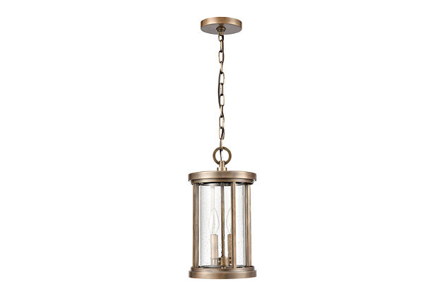 The Brison 2-light outdoor pendant updates the historic lantern with an oversized die cast loop, clean crisp edges, and solid aluminum construction. Finished in Vintage Brass with seedy glass.Rated for wet locations | 2 bulb capacity | 60 watts per bulb | Vintage brass finish | Compatible with led bulb(s) | Hardwired light fixture | Adjustable hanging height | Cord length of 72 inches