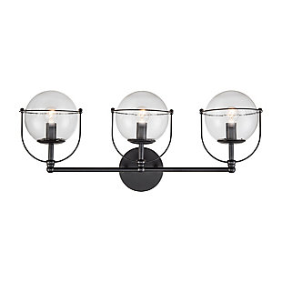 The Langford 3-light vanity features the combination of a retro clear glass globe with it's unique wirework cage that surrounds and cradles the glass. Finished in Matte Black.3 Bulb Capacity | 60 Watts per bulb |  Matte Black Finish | Compatible with LED bulb(s) | Hardwired light fixture | Rated for a damp location | Cord Length of 8 inches