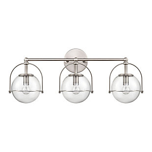 The Langford 3-light vanity features the combination of a retro clear glass globe with it's unique wirework cage that surrounds and cradles the glass. Finished in Satin Nickel.3 Bulb Capacity | 60 Watts per bulb | Satin Nickel Finish | Compatible with LED bulb(s) | Hardwired light fixture | Rated for a damp location | Cord Length of 8 inches