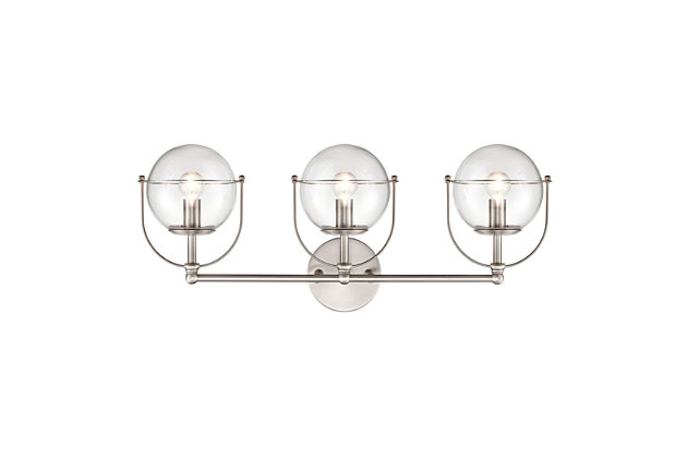 The Langford 3-light vanity features the combination of a retro clear glass globe with it's unique wirework cage that surrounds and cradles the glass. Finished in Satin Nickel.3 Bulb Capacity | 60 Watts per bulb | Satin Nickel Finish | Compatible with LED bulb(s) | Hardwired light fixture | Rated for a damp location | Cord Length of 8 inches