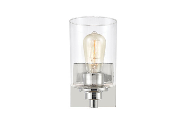 The Robins 1-Light Vanity Light features a single glass cylinder hurricane and exposed bulb. Polished chrome fittings and backplate provide a modern, elegant iteration of a classic industrial silhouette.   1 Bulb Capacity | 60 Watts per bulb | Polished Chrome Finish | Compatible with LED bulb(s) | Hardwired light fixture | Rated for a damp location | Cord Length of 8 inches