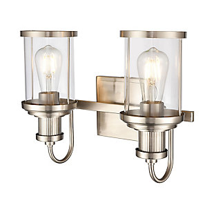 The Millburn 2-light vanity has a classic design with an oversized spun glass holder. Ideal for coastal or modern farmhouse style interiors, its subtle industrial tone adds a bit of timeless charm.  Finished in Satin Nickel with clear glass.2 Bulb Capacity | 60 Watts per bulb | Satin Nickel Finish | Compatible with LED bulb(s) | Hardwired light fixture | Rated for a damp location | Cord Length of 8 inches