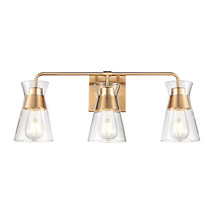 The Brookville 3-light vanity has angular mid-century style with functional design. Clever placement of metalwork inside the glass along with a clean, stepped backplate and hidden mounting hardware keeps the design refined. Finished in Burnished Brass with clear glass.3 Bulb Capacity | 60 Watts per bulb | Burnished Brass Finish | Compatible with LED bulb(s) | Hardwired light fixture | Rated for a damp location | Cord Length of 8 inches