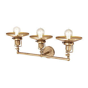 The English Pub 3-light vanity has timeless industrial style shades with quaint thumbscrews and mechanical detailing to add a vintage appeal to any décor. Finished in Satin Brass.3 Bulb Capacity | 60 Watts per bulb | Satin Brass Finish | Compatible with LED bulb(s) | Hardwired light fixture | Rated for a damp location | Cord Length of 8 inches