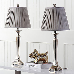 Exuding elegant refinement, the candlestick body of the Athena table lamp is fashioned of silver-plated resin with a romantic vintage sterling patina. This lamp’s slender form is complemented with an empire-style silver pleated shade.Set of 2 | Made with resin and metal; polyester shade | Includes 2 cfl bulbs | 13w max | On/off switch | 5' cord | Assembly required | Imported