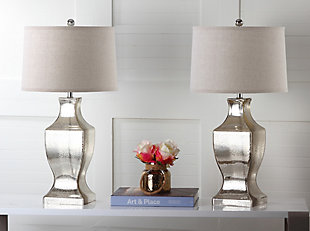 An ancient urn silhouette reappears in the fashion-forward Glass Bottom lamp. Totally new-looking antique silver mercury glass is used for the entire base, creating a transitional sculptural effect accentuated by a cotton drum shade.Set of 2 | Made with glass and metal; 100% cotton shade | Includes 2 CFL bulbs | 13W max | On/off switch  | 5' cord | Assembly required | Imported