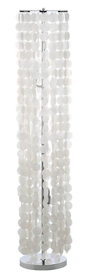 A pinnacle of serenity and style, this contemporary 60-inch floor lamp creates instant ambiance in any room. Its cascading shower of capiz shells boasts a natural organic form that imbues any room in soft light. Its metal base makes it a work of modern sculpture.Made with iron and capiz shells | Includes 3 c26 bulbs | Max. Wattage: 40w | On/off switch | 6' cord | Assembly required | Imported | Metal type: iron